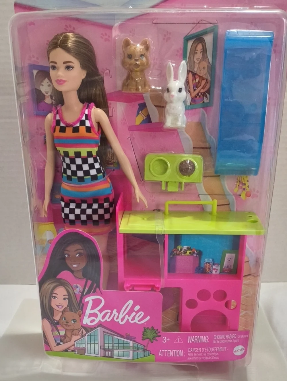 Barbie Rainbow & Black Check Dress Doll with Pink Pet Station